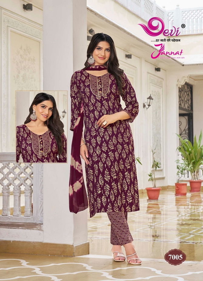 Jannat Vol 7 By Devi Rayon Printed Kurti With Bottom Dupatta Wholesale Shop In Surat